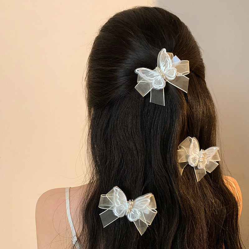 Super Fairy White Mesh Butterfly Pearl Barrettes