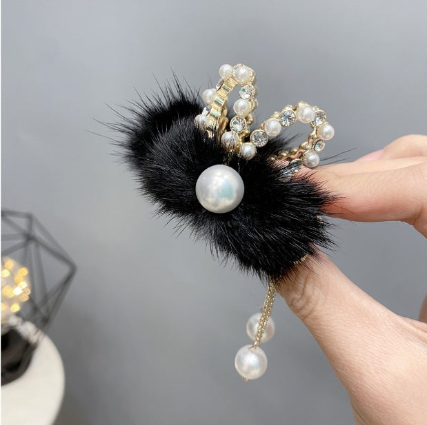Pearl Mink Hair High Horse Tail Long Tassel Diamond Hair Clip
