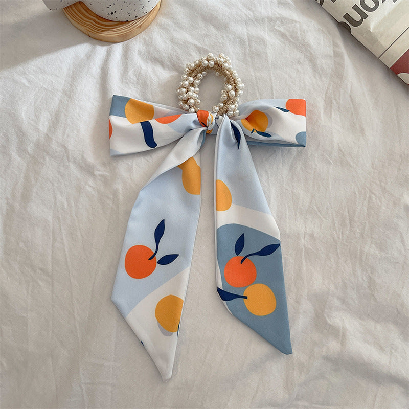 French Style Bow Pearl Scarf Large Intestine Hair Ring For Women