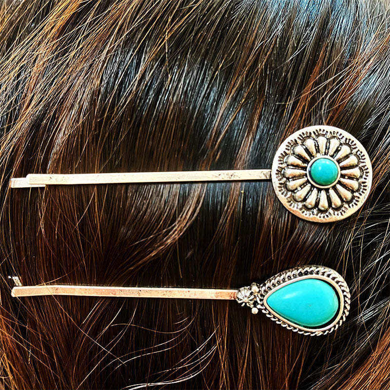 Retro Turquoise Alloy Flower Ethnic Style Western Hair Clip Word Clip