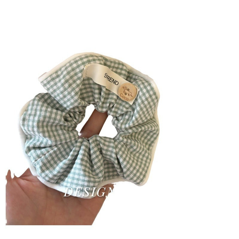 Green Plaid Classic Button Contrast Color Fabric Plaid Hand-made Large Intestine Hair Ring