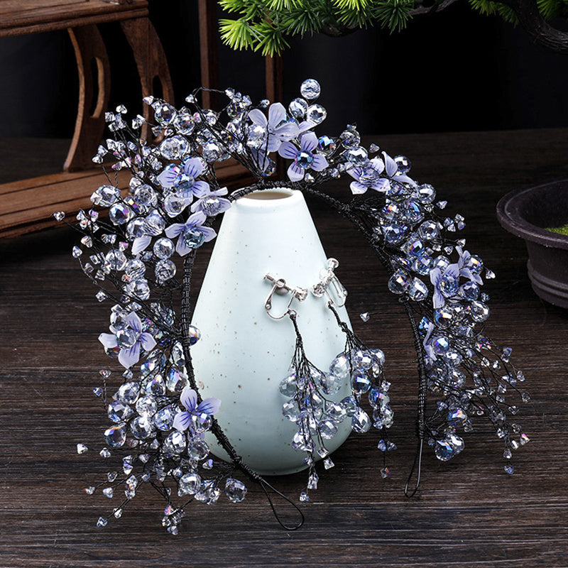 Best New Bridal Hair Accessories Blue Crystal Hair Band Ear Clip Set