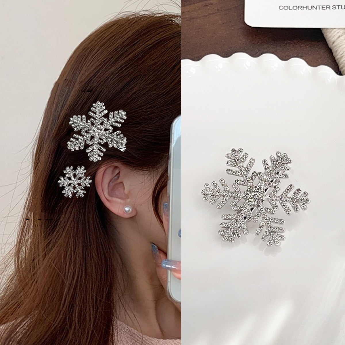 Sweet Rhinestone Snowflake Barrettes Female Pearl