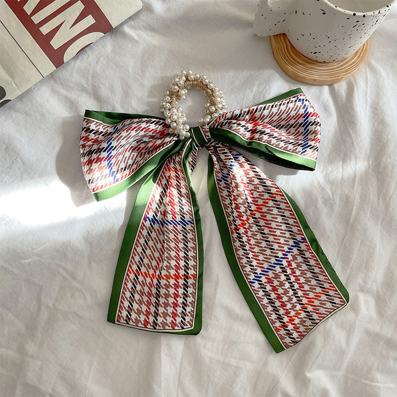 French Style Bow Pearl Scarf Large Intestine Hair Ring For Women