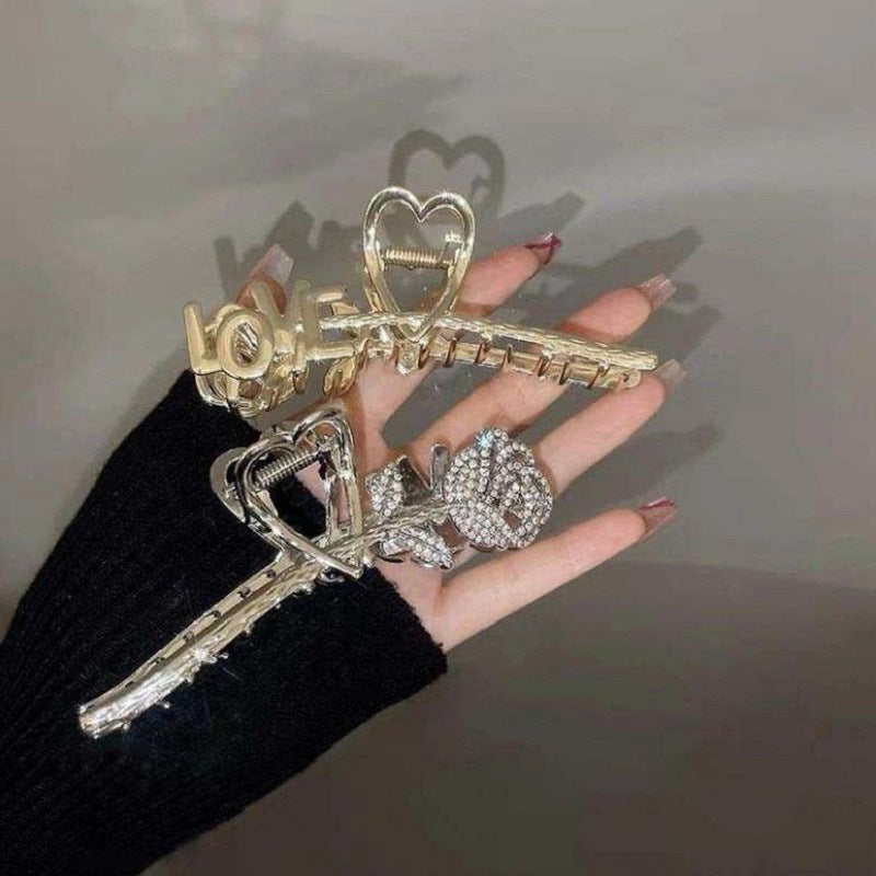 Large Metal Barrettes Gold Silver Love Rose Grip