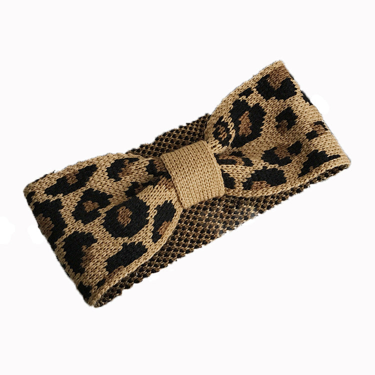 Retro Fashion Leopard Knit Headband With Wash Face Wide Side