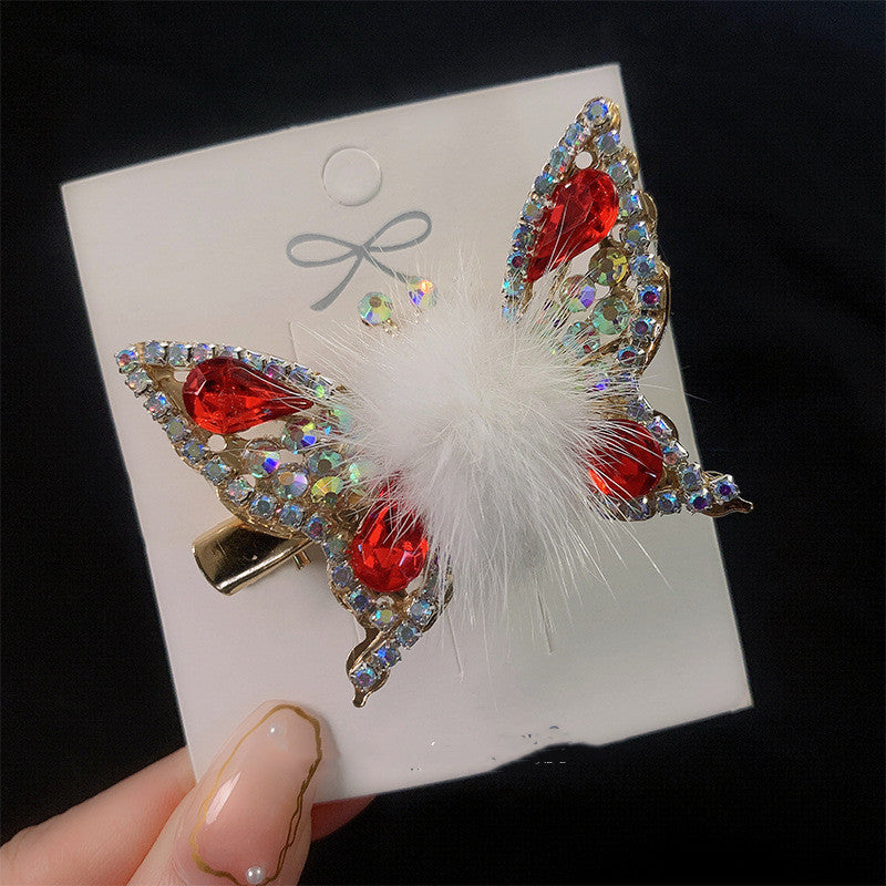 Women's Fashionable Mink Fur Moving Butterfly Hair Clip