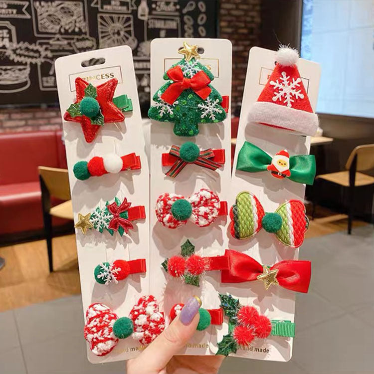 Bowknot Hairpin Cute Headwear Cartoon Cloth Bell Elk Snowflake Christmas Tree Barrettes Suit