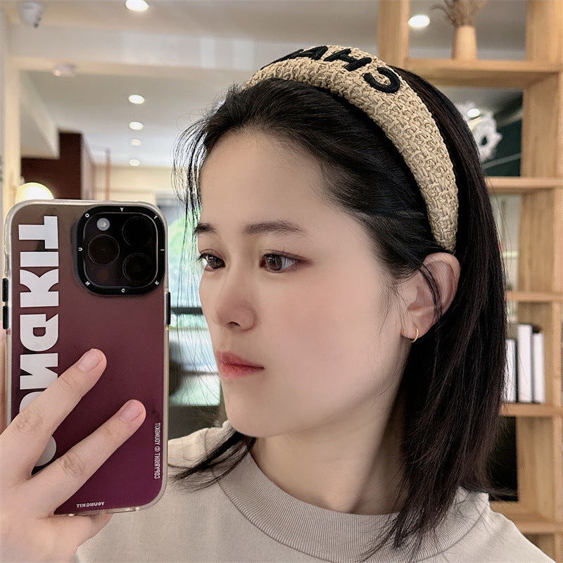 Korean Style Letter Raffia Headband Summer High Sense Hairpin With Broad Edge High Skull Top Headband Broken Hair Wash Face Hair Clip Women