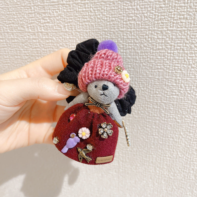 Girl Heart Cute Bear Plush Rhinestone Rubber Band Hair Ring