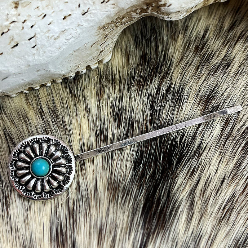 Retro Turquoise Alloy Flower Ethnic Style Western Hair Clip Word Clip