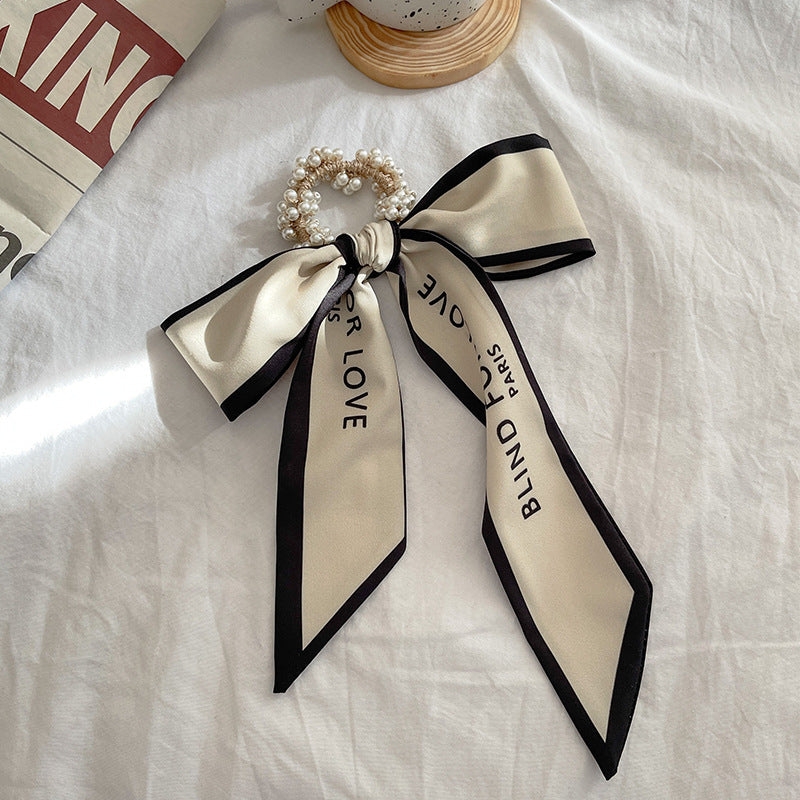 French Style Bow Pearl Scarf Large Intestine Hair Ring For Women