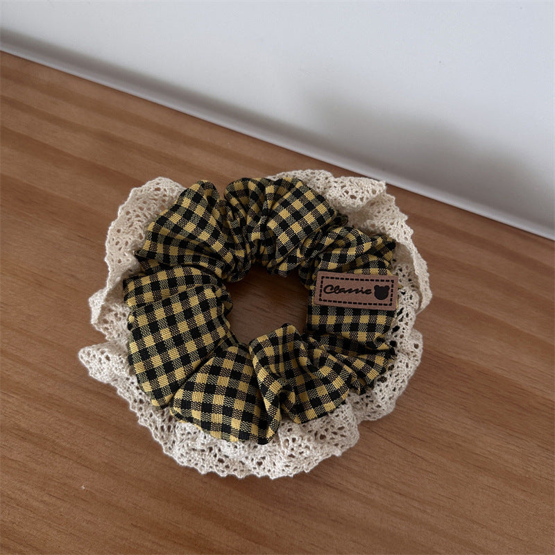 Pastoral Style Plaid Large Intestine Hair Ring Cute Lace Edge Simple