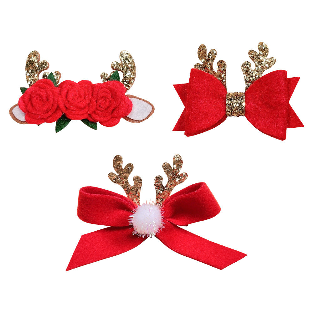 Christmas Sequins Elk Horn Non-woven Bow Barrettes