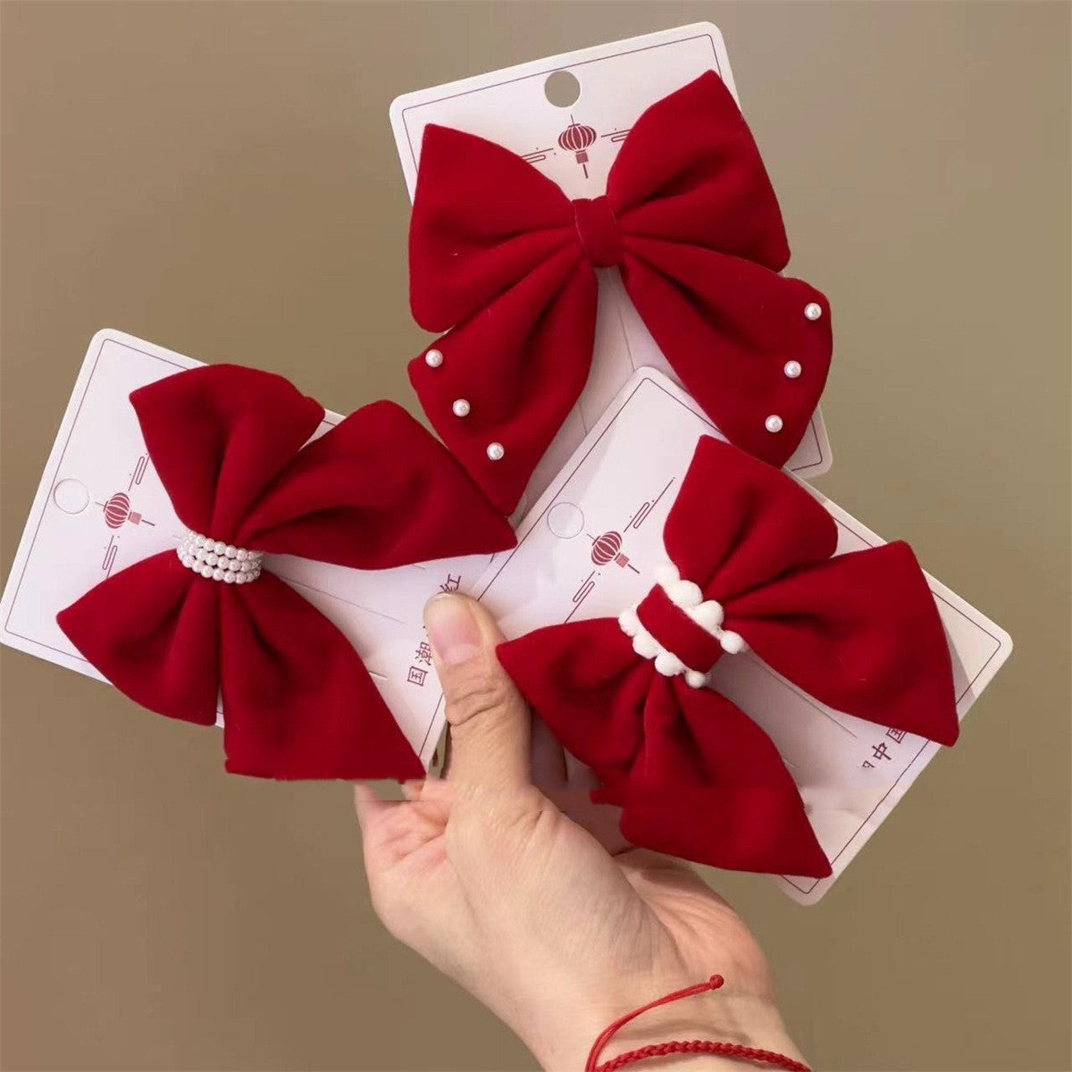 Red Flocking Bow Barrettes Girls
