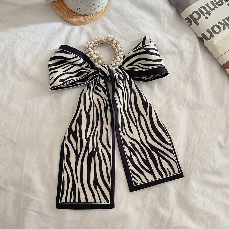 French Style Bow Pearl Scarf Large Intestine Hair Ring For Women