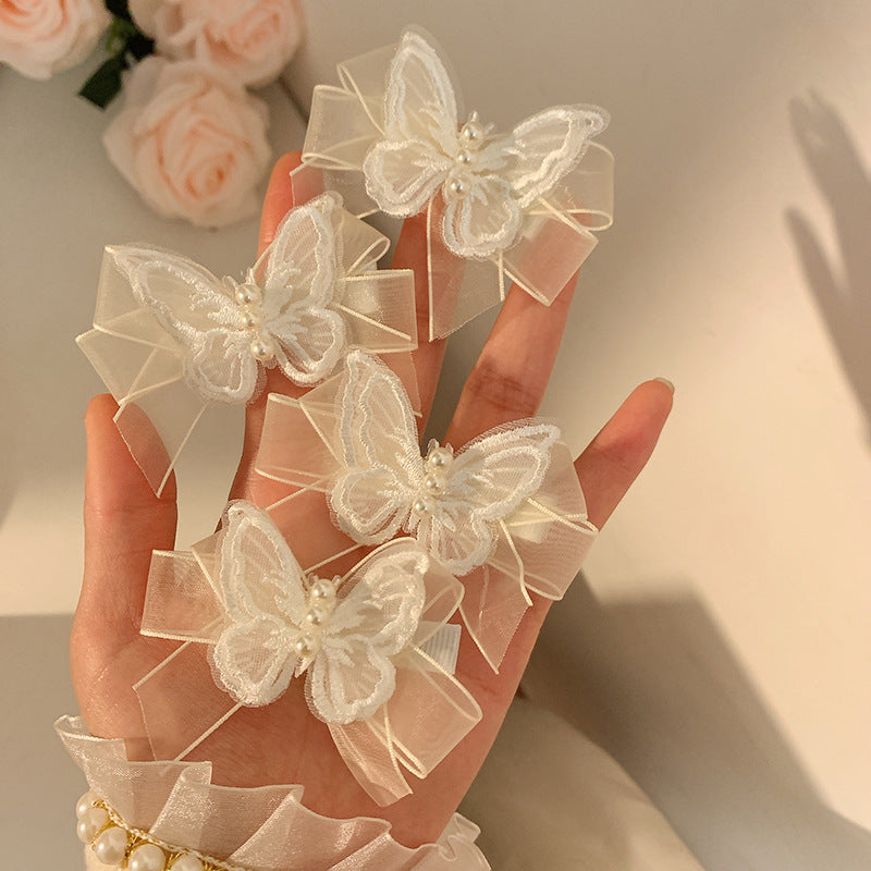Super Fairy White Mesh Butterfly Pearl Barrettes
